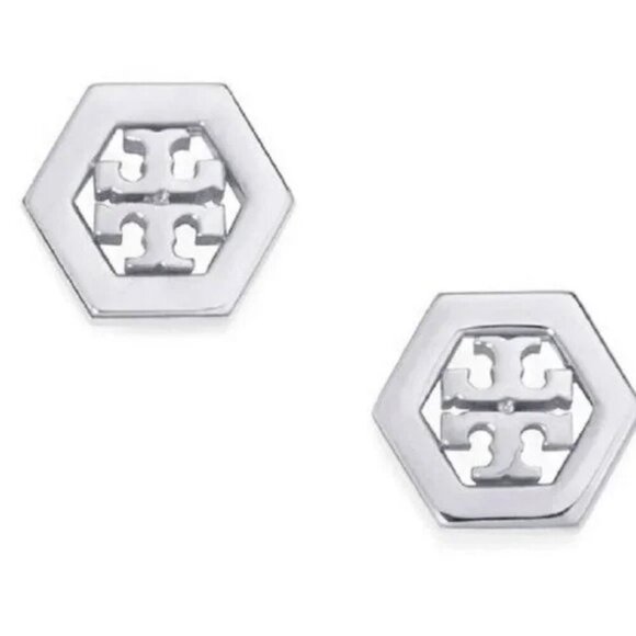 Tory Burch Jewelry - Tory Burch Silver Hexagon Logo Stud Earrings